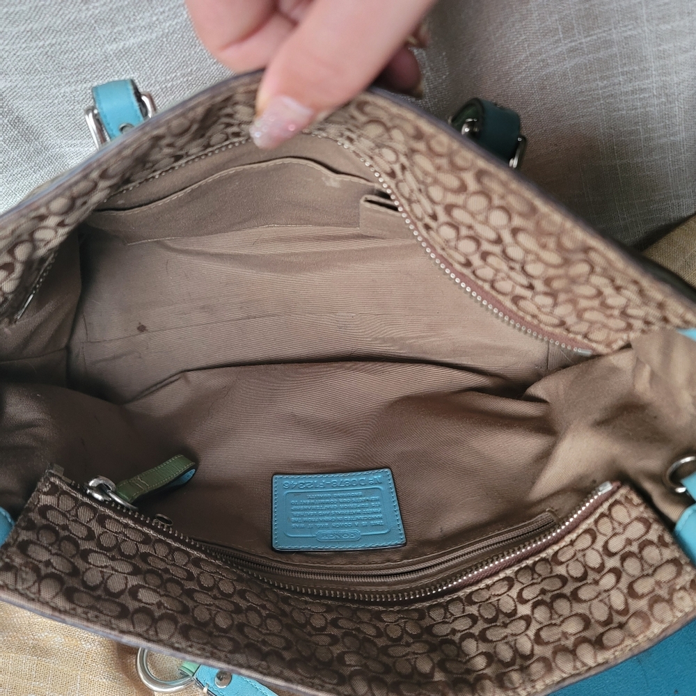 Coach Brown Signature Canvas Tote with Mint Trim and Straps - Picture 5 of 12